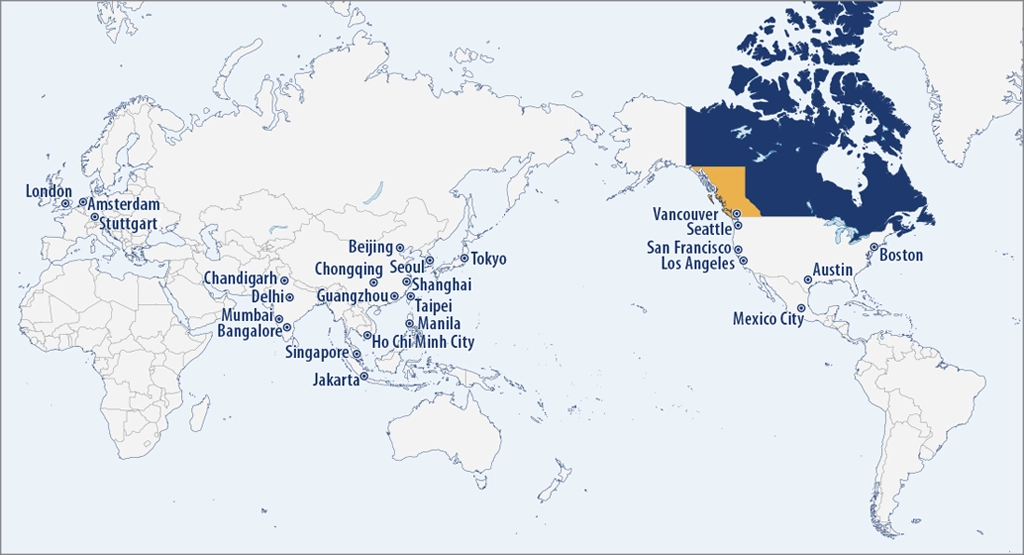 Trade and Invest BC tiene oficinas de representación en 26 ubicaciones.
Nuestro equipo facilita el comercio, la inversión extranjera directa y otras oportunidades de inversión, proporcionando información sobre cómo hacer negocios en Columbia Británica, Canadá y exportar desde Columbia Británica a mercados clave. 