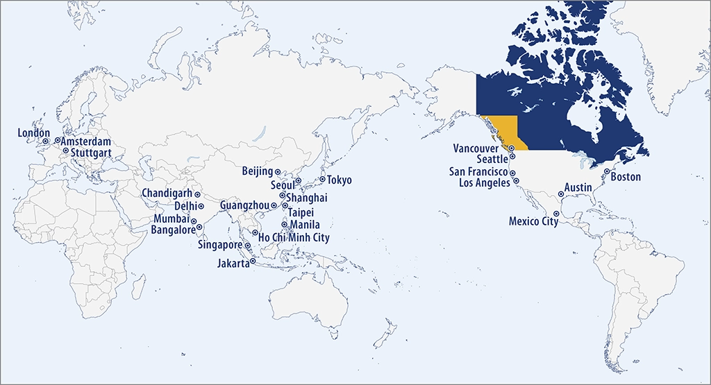 Trade and Invest BC tiene oficinas de representación en 26 ubicaciones. Nuestro equipo facilita el comercio, la inversión extranjera directa y otras oportunidades de inversión, proporcionando información sobre cómo hacer negocios en Columbia Británica, Canadá y exportar desde Columbia Británica a mercados clave. 