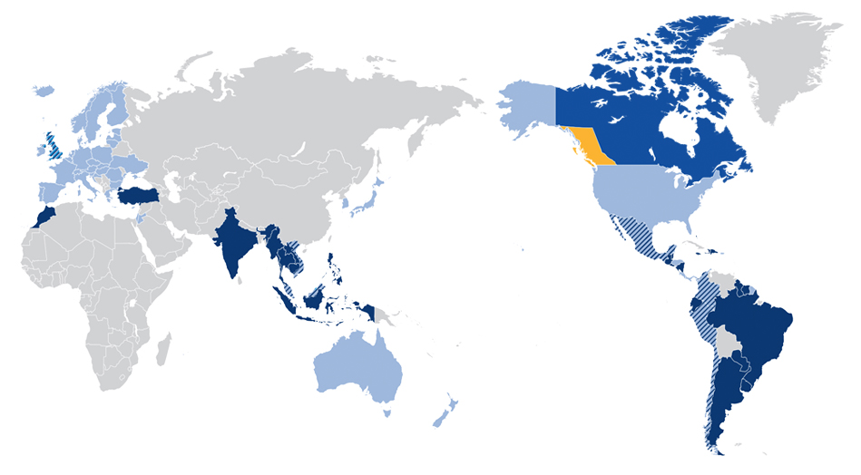 Acuerdos de libre comercio de BC y Canadá representados en el mapa