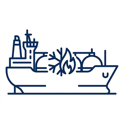 El contorno de un barco muestra iconos de copos de nieve y llamas, simbolizando la infraestructura de exportación de GNL de Columbia Británica y Canadá, así como la capacidad de recursos naturales.