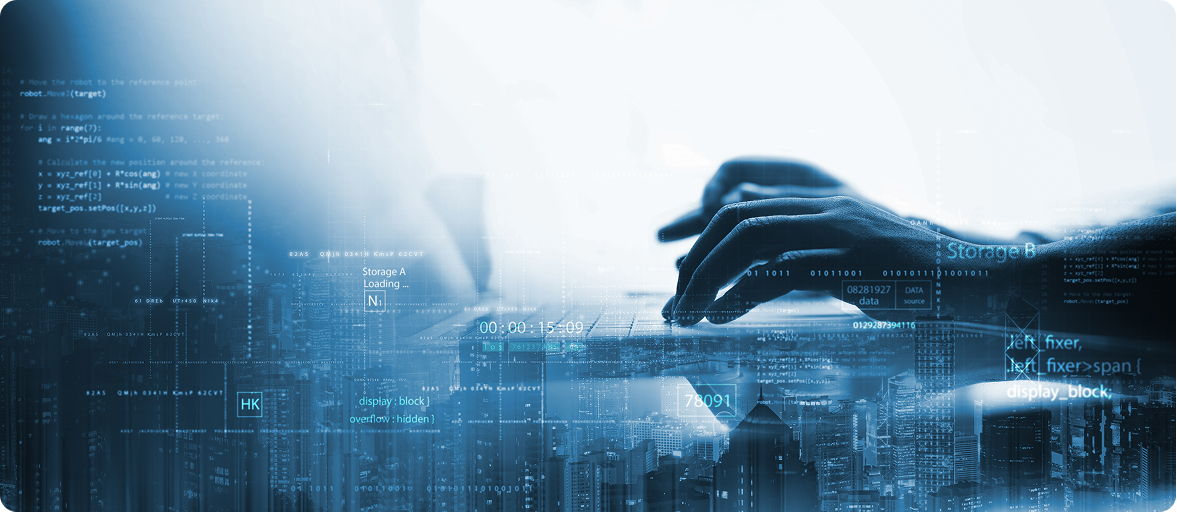 La imagen muestra un primer plano de manos tecleando en el teclado de un portátil, sobre un fondo de elementos digitales y paisaje urbano.