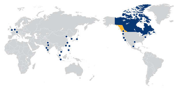 Trade and Invest BC tiene oficinas de representación en 26 ubicaciones. Nuestro equipo facilita el comercio, la inversión extranjera directa y otras oportunidades de inversión, proporcionando información sobre cómo hacer negocios en Columbia Británica, Canadá y exportar desde Columbia Británica a mercados clave. 